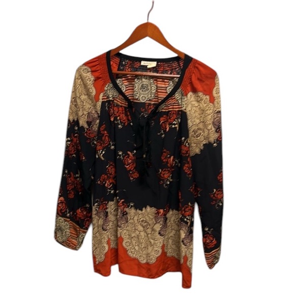 Anthropologie Meadow Rue Blossom Silk Peasant Top Large Blue Orange - Picture 2 of 12